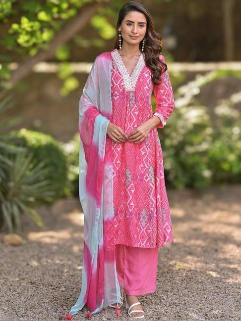 mahee jaipur pink pure muslin patola print a line kurta with pant and shaded dupatta