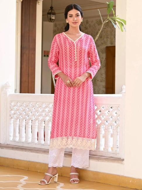mahee jaipur pink striped sequence , pearl and lace kurti with schiffli pants