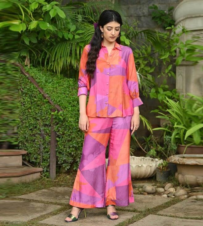 mahee jaipur purple & orange purple and orange geometric botanic design shirt with pant co-ord set