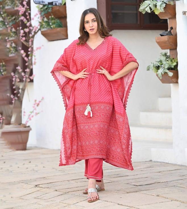 mahee jaipur red bandhini & lehriya with mirror work kaftan with pants