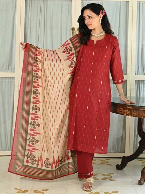 mahee jaipur red begum chanderi kurta with pant and dupatta