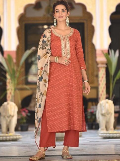 mahee jaipur red izra kalamkari dupatta with tari sequence & marodi work on neck cotton kurta & pant