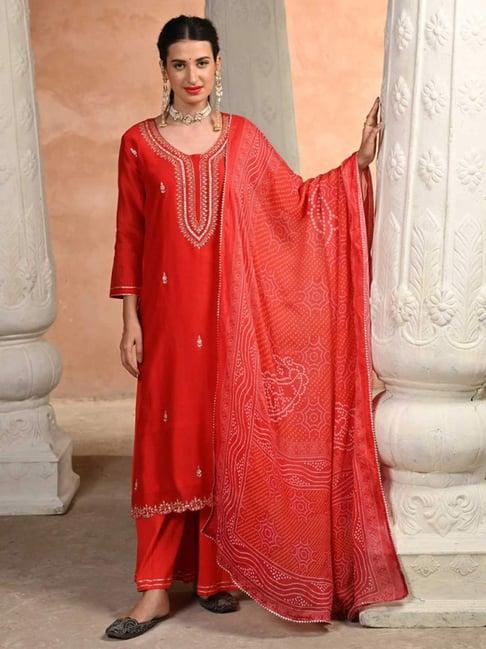 mahee jaipur red shagun pure chanderi kurta with pallazo with bandhani dupatta