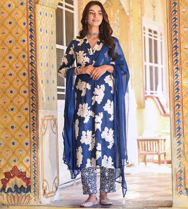 mahee jaipur royal blue rozana floral print super cotton kurt and pant with chiffon dupatta