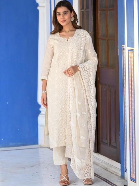 mahee jaipur white ikhtiyar chikankari chanderi kurta with pant and dupatta