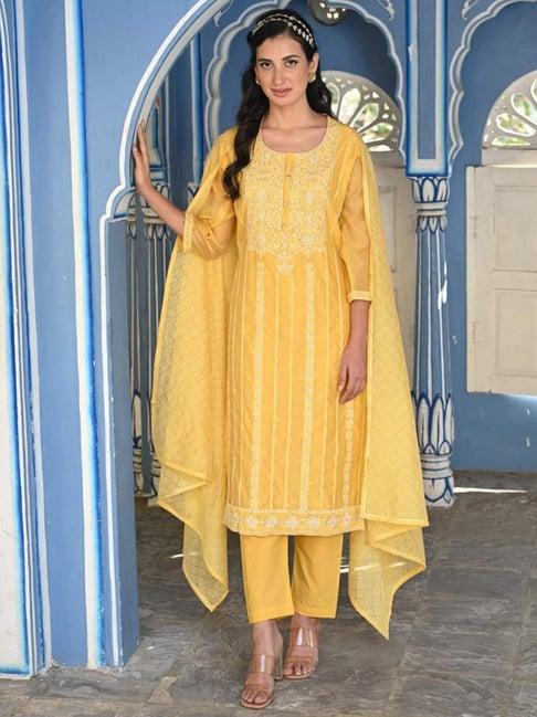 mahee jaipur yellow naqashi chanderi kurta with pant and dupatta