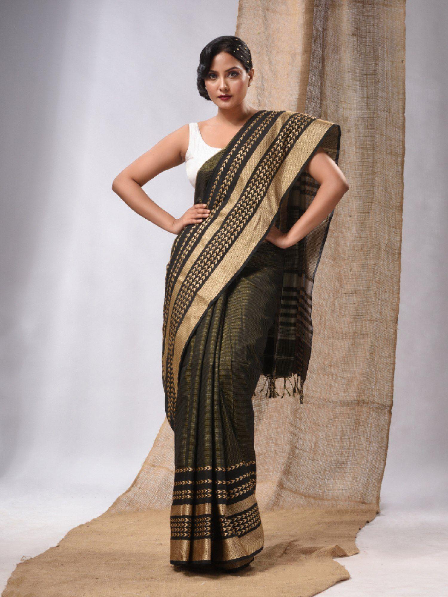 mahendi green silk handwoven saree with zari textured borders & unstitched blouse