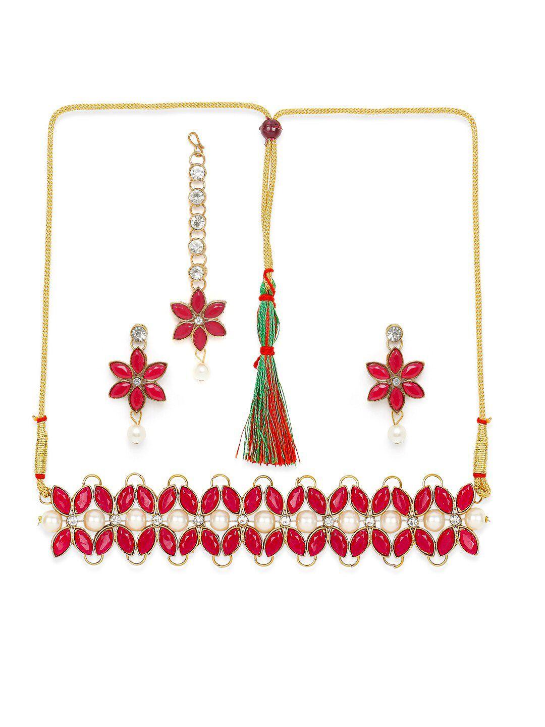 mahi gold-plated red & white kundan & pearls jewellery set