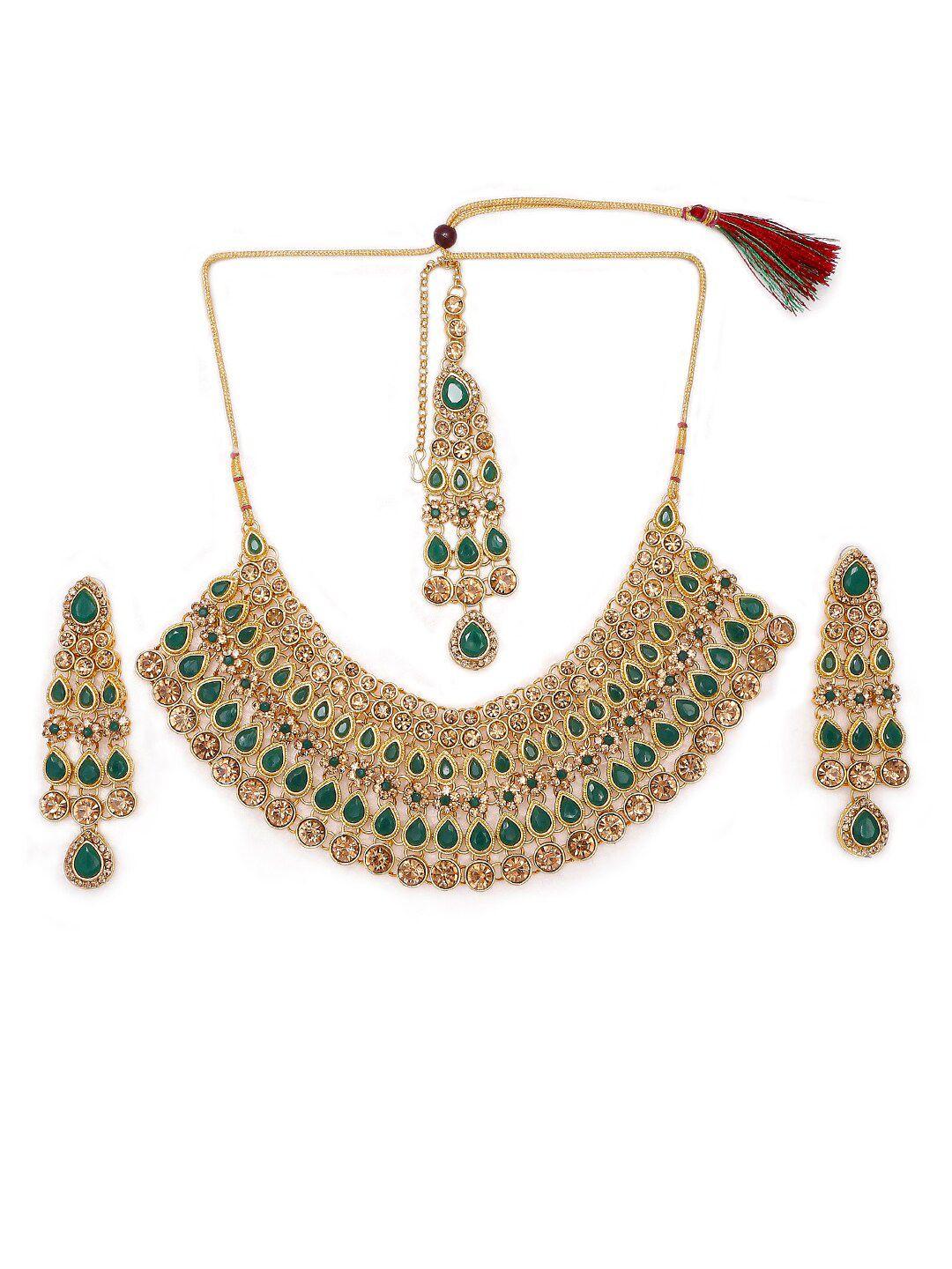 mahi green & gold-toned & plated kundan choker necklace with earrings & maang tikka