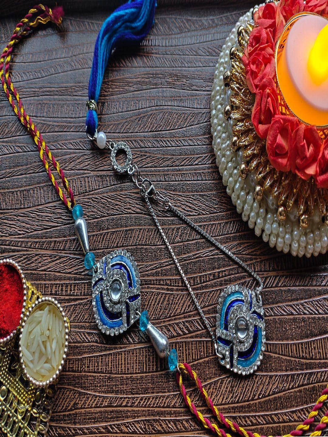 mahi set of 2 stone-studded & enamelled rakhi & lumba rakhi