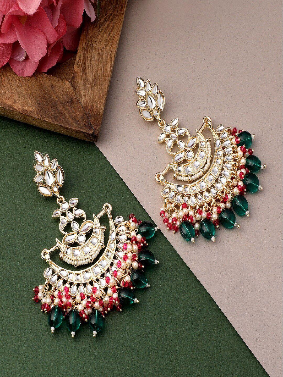 mahi women green & gold-toned contemporary chandbalis earrings