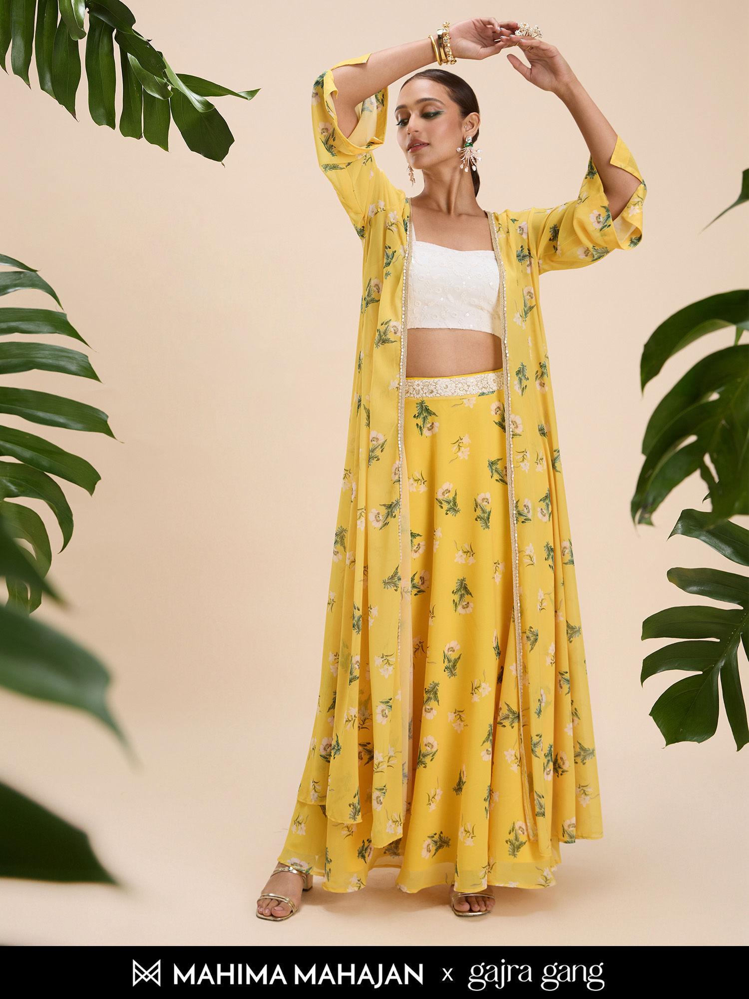 mahima mahajan yellow embroidered top, skirt and jacket ggskd117 (set of 3)