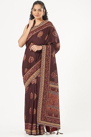 mahogany burgundy hand embroidered saree set