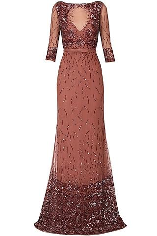 mahogany sequins embroidered rose motifs gown