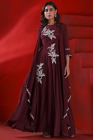 mahogany wine crepe embroidered flared anarkali set