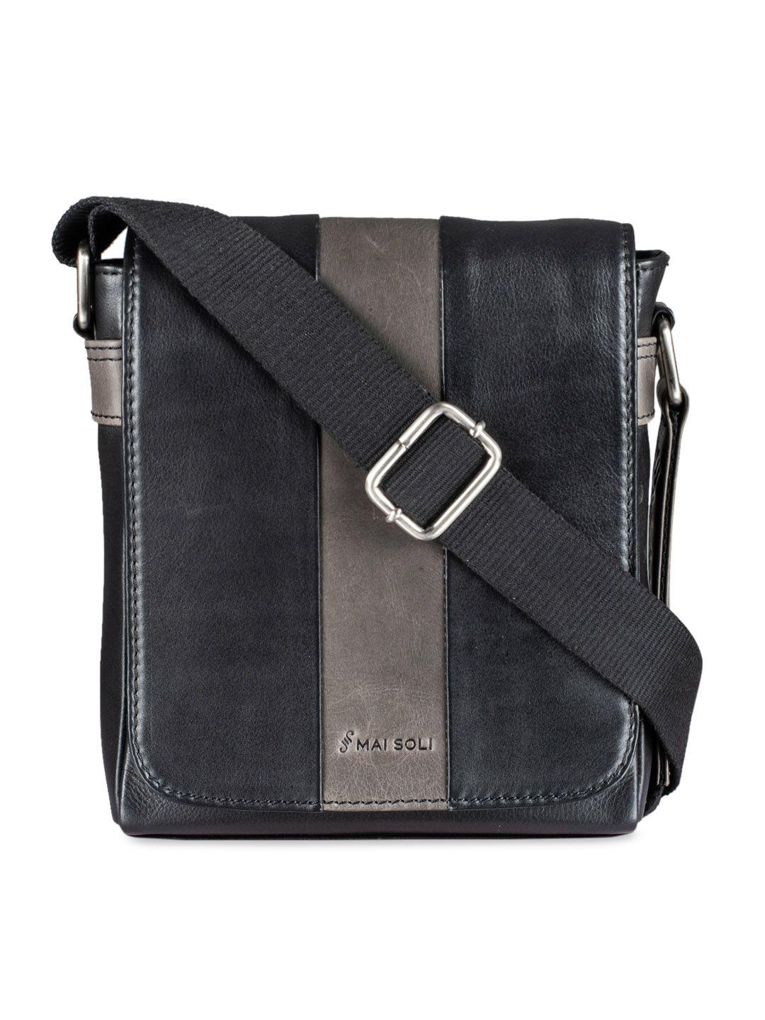 mai soli men black & grey colourblocked leather messenger bag