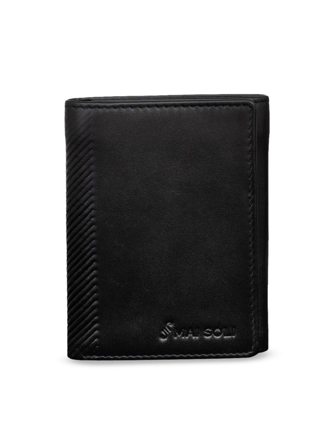 mai soli men black solid leather three fold wallet