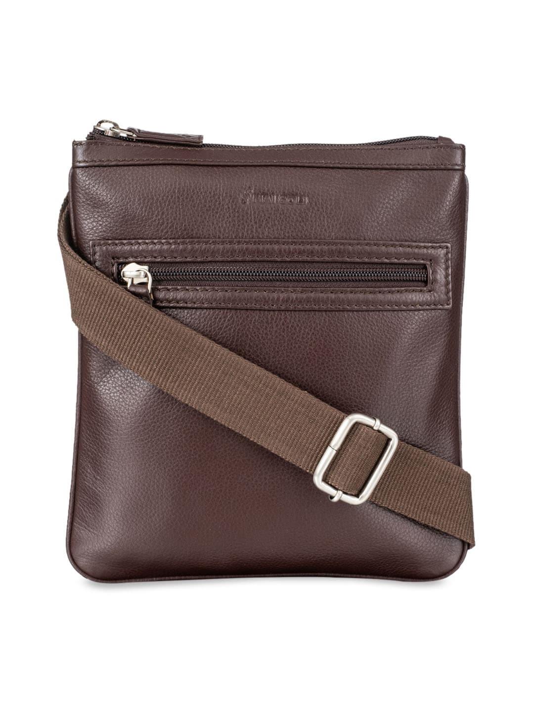 mai soli men coffee brown solid leather messenger bag