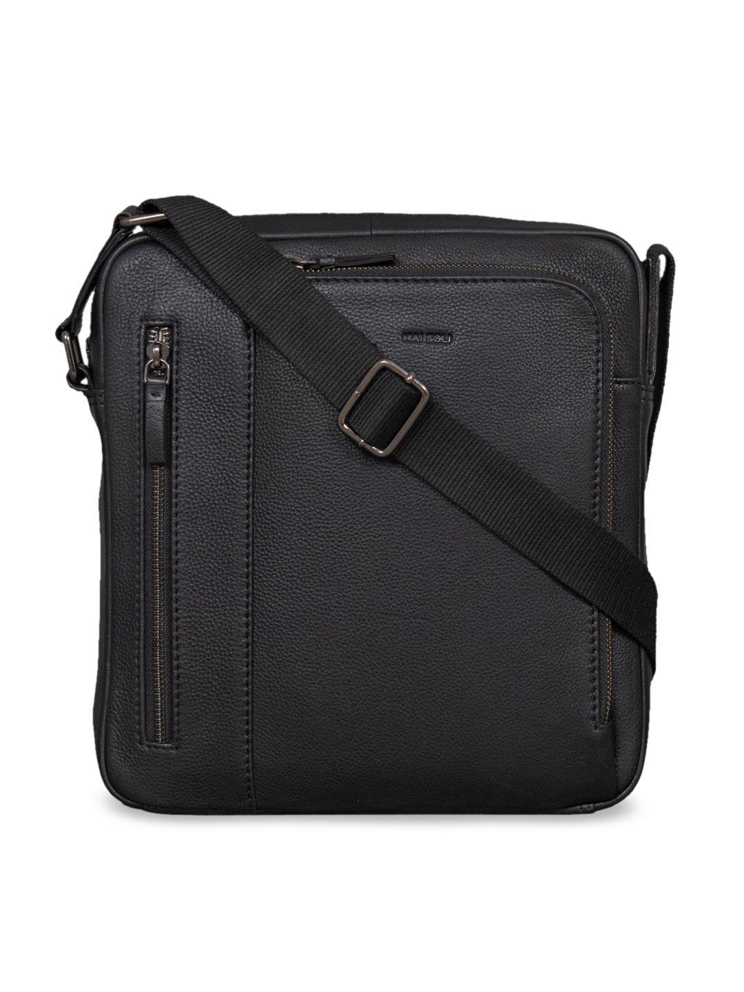 mai soli men black solid leather messenger bag