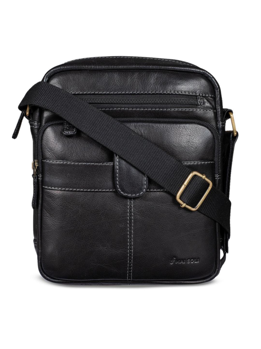 mai soli men black solid leather messenger bag