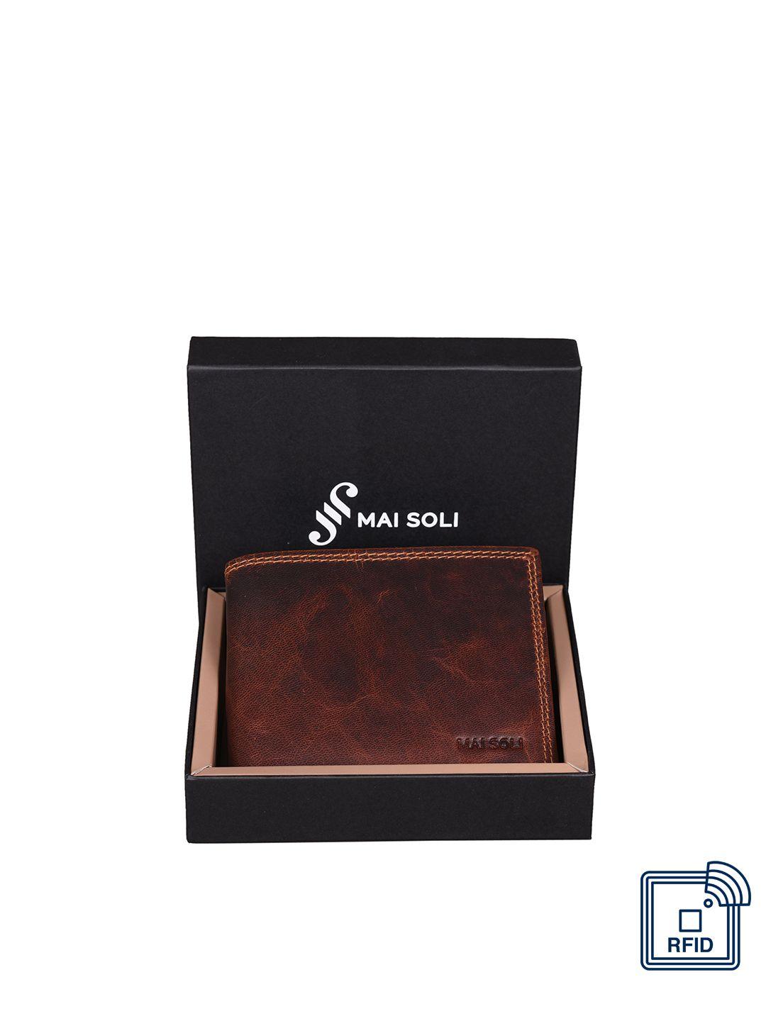 mai soli men brown genuine leather rfid protected two fold wallet with sideways flap