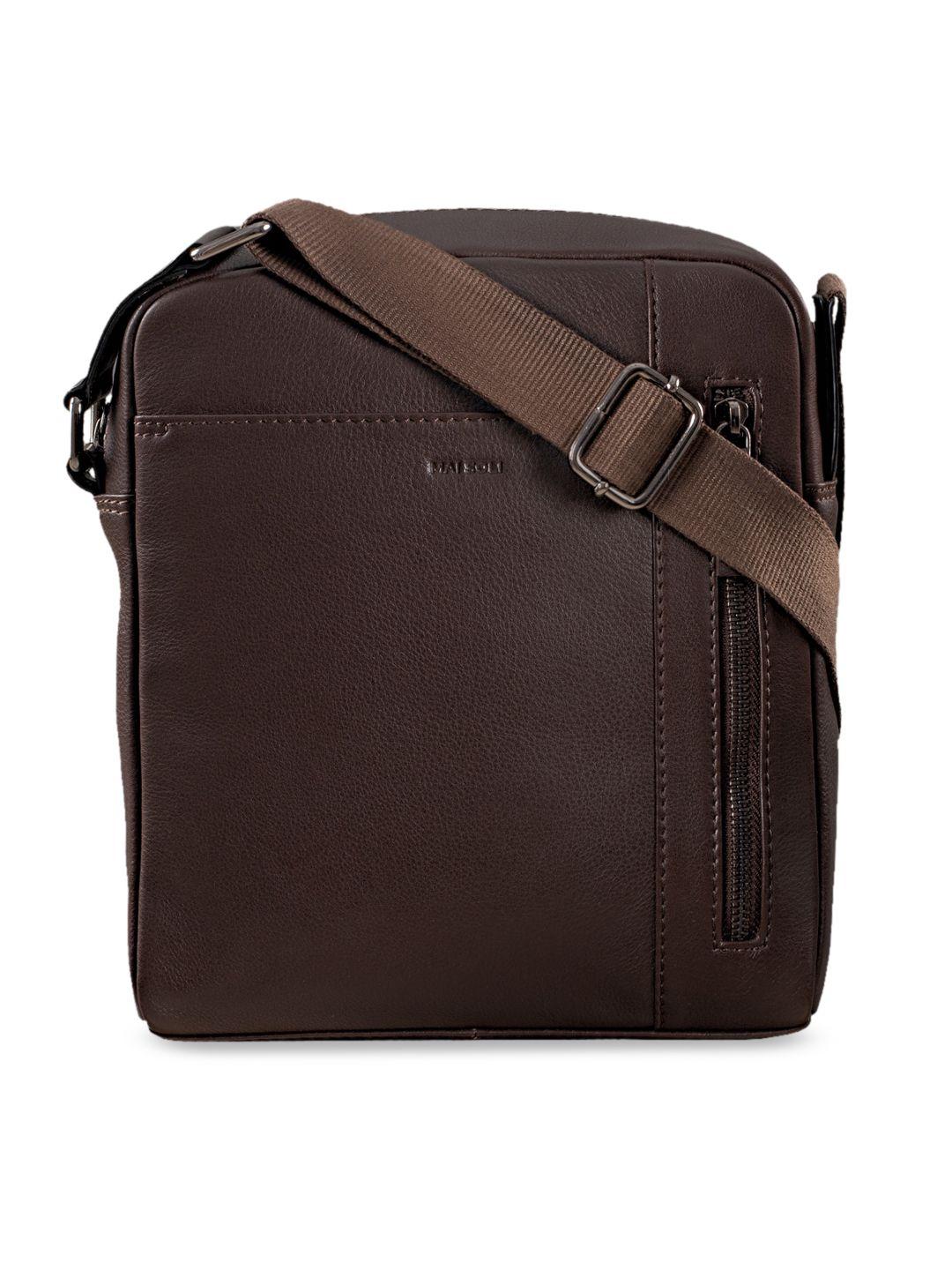 mai soli men brown solid leather messenger bag