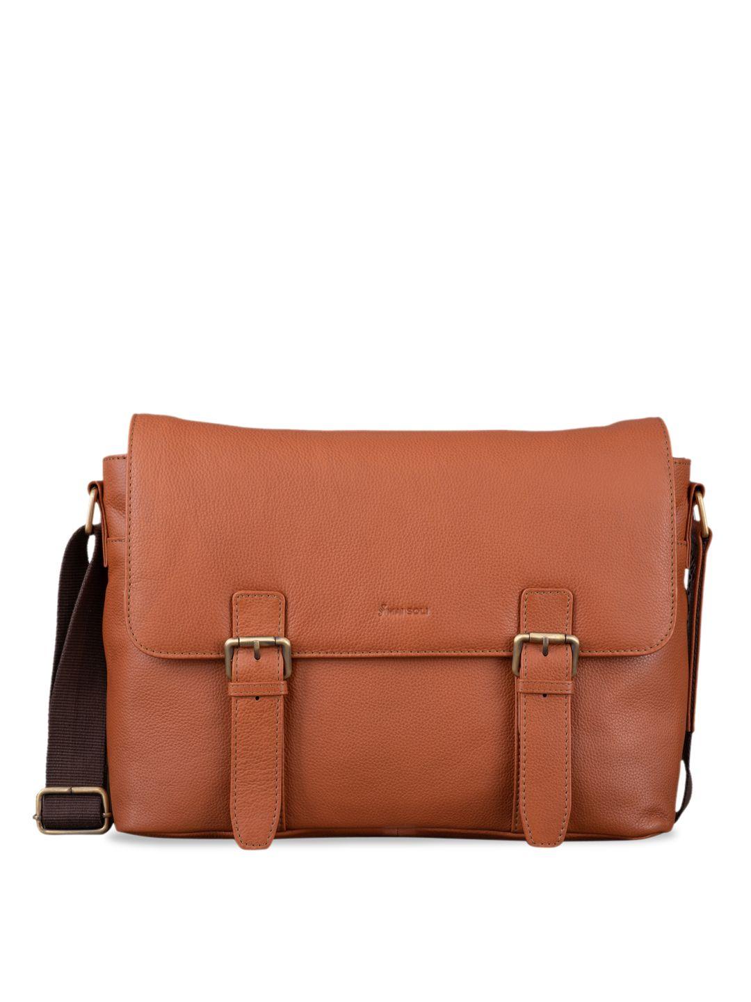 mai soli men brown solid pebbled leather messenger bag