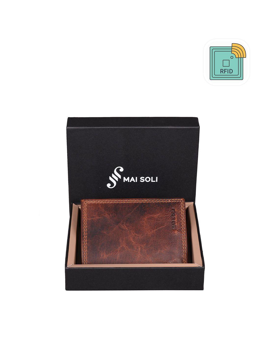 mai soli men brown textured genuine leather rfid protected dark vintage three fold wallet
