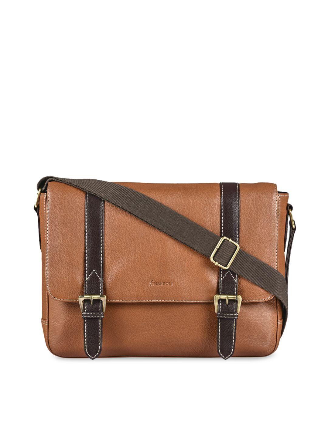 mai soli men tan brown solid leather messenger bag