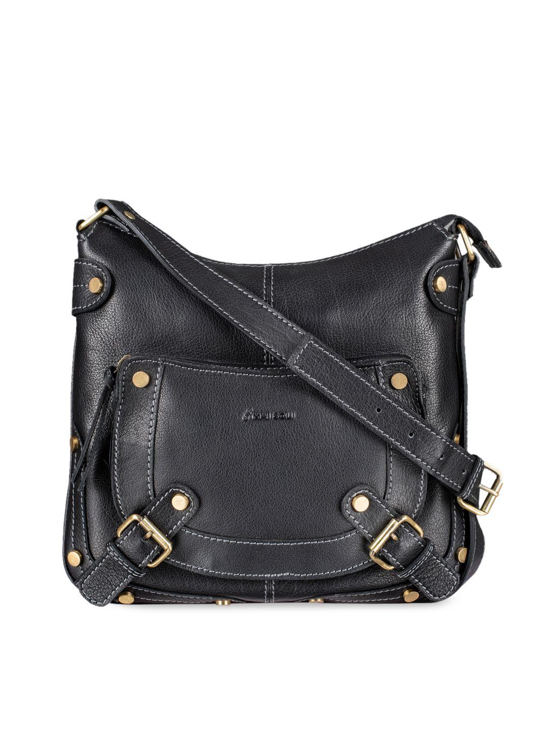 mai soli women black textured leather sling bag