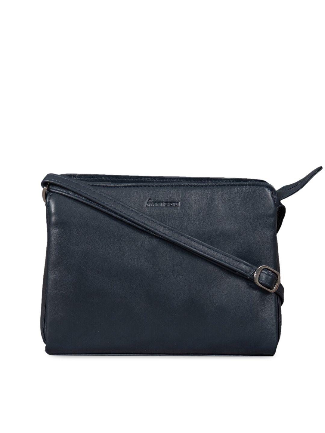 mai soli women navy blue solid leather sling bag