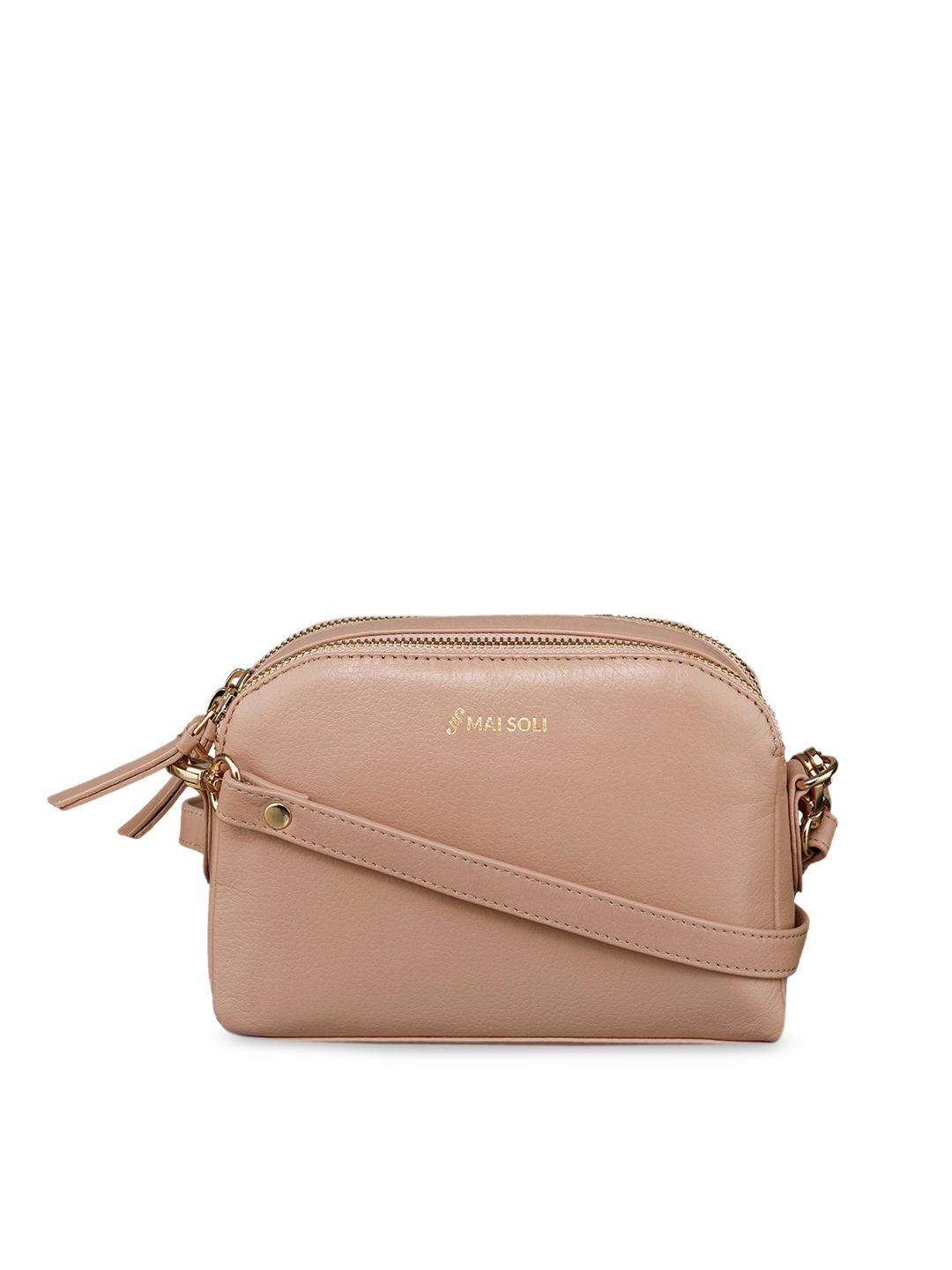 mai soli women nude-pink solid genuine leather double zip emma mini sling bag