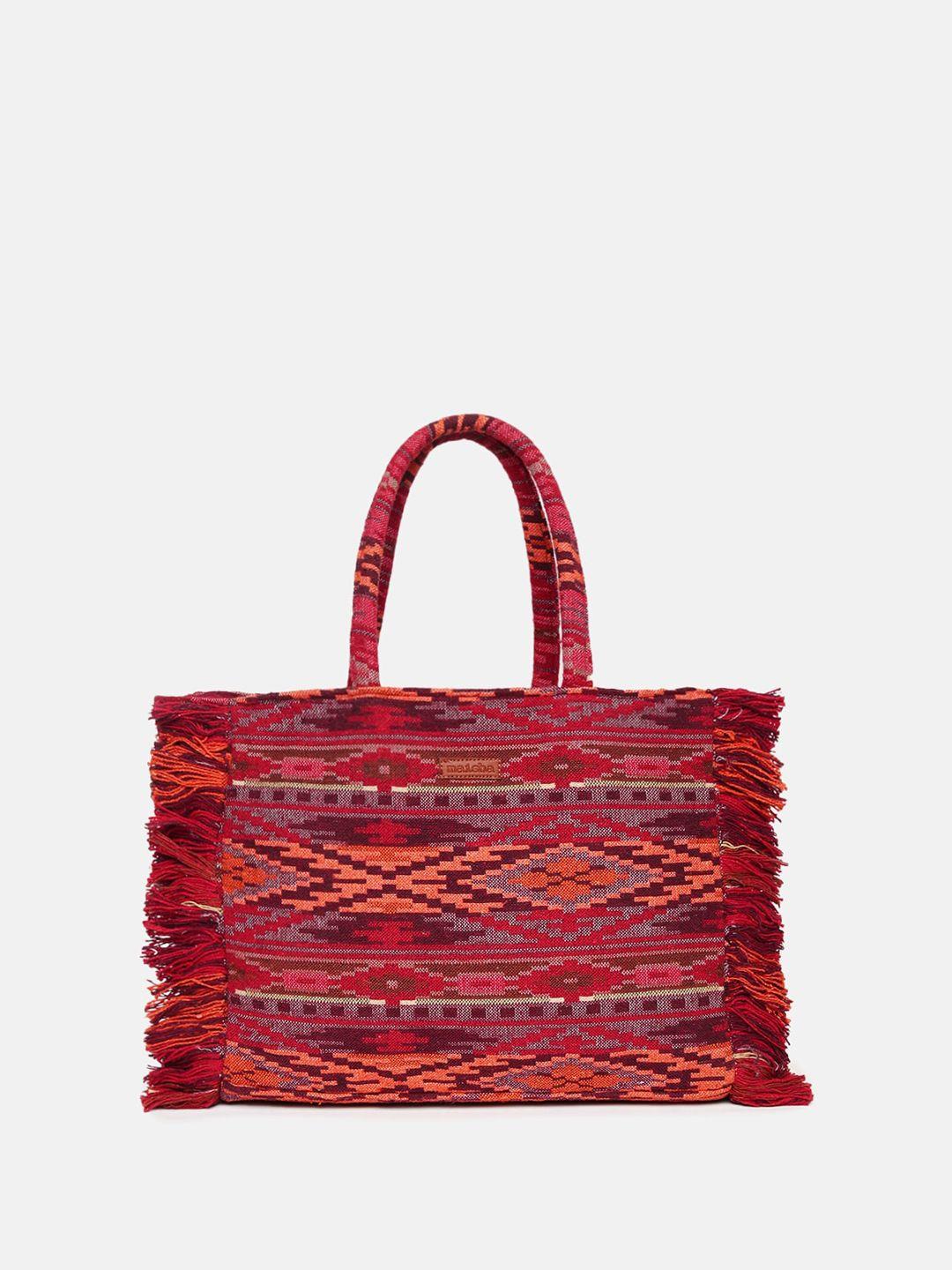 maisha geometric self design oversized shopper handheld  bag with fringed