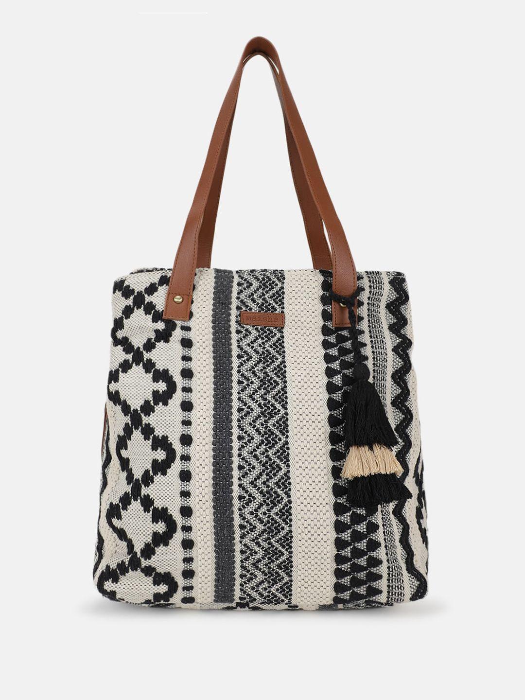 maisha geometric self design oversized shopper tote bag with tasselled
