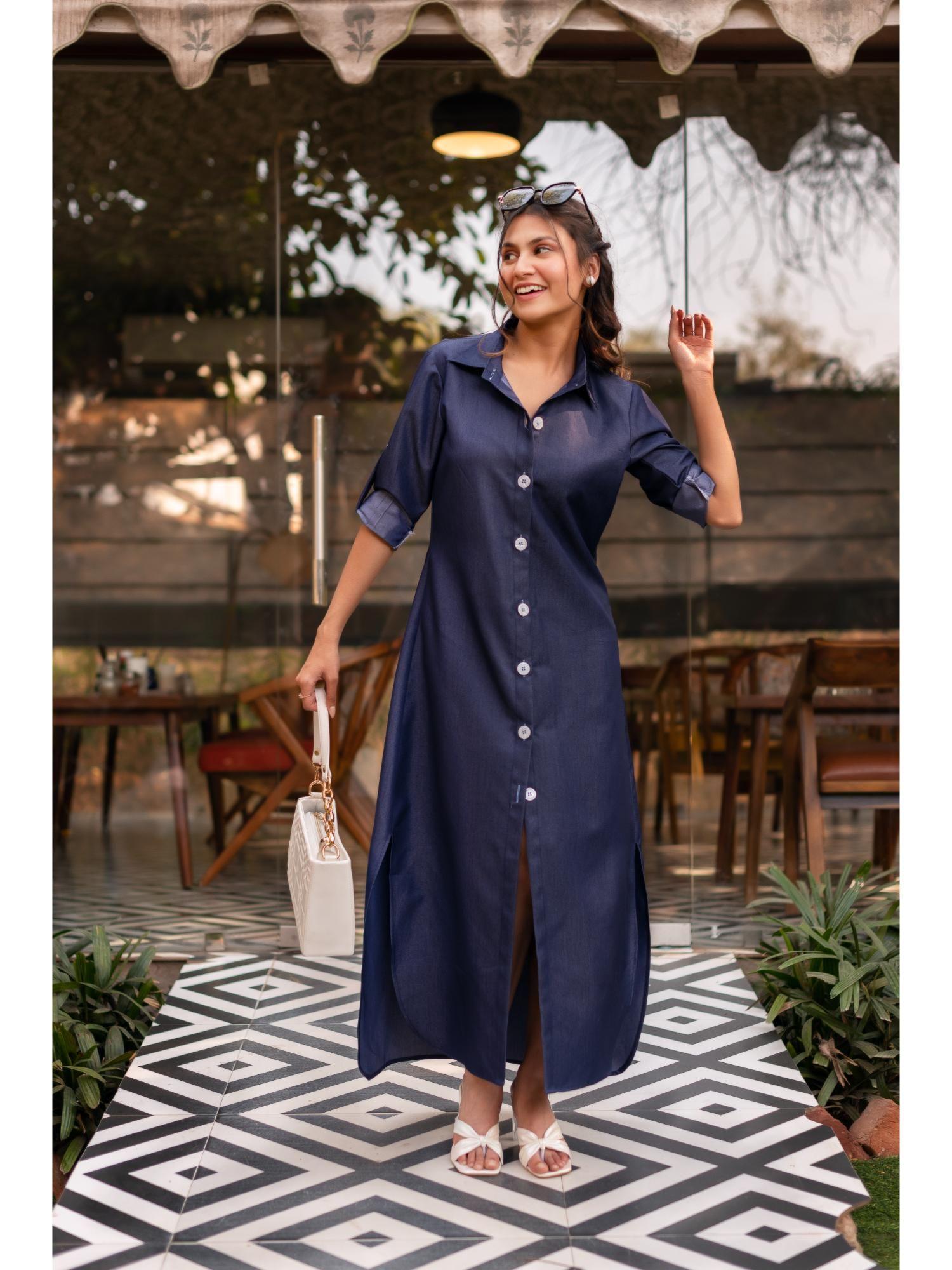 maisha navy blue denim shirt dress