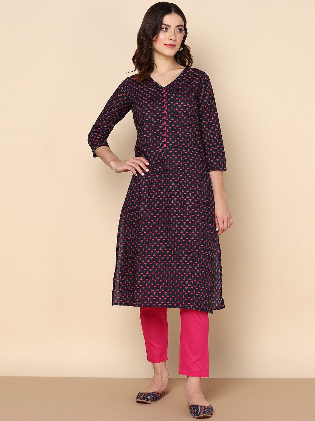 maishi floral printed v-neck pure cotton kurta with trousers