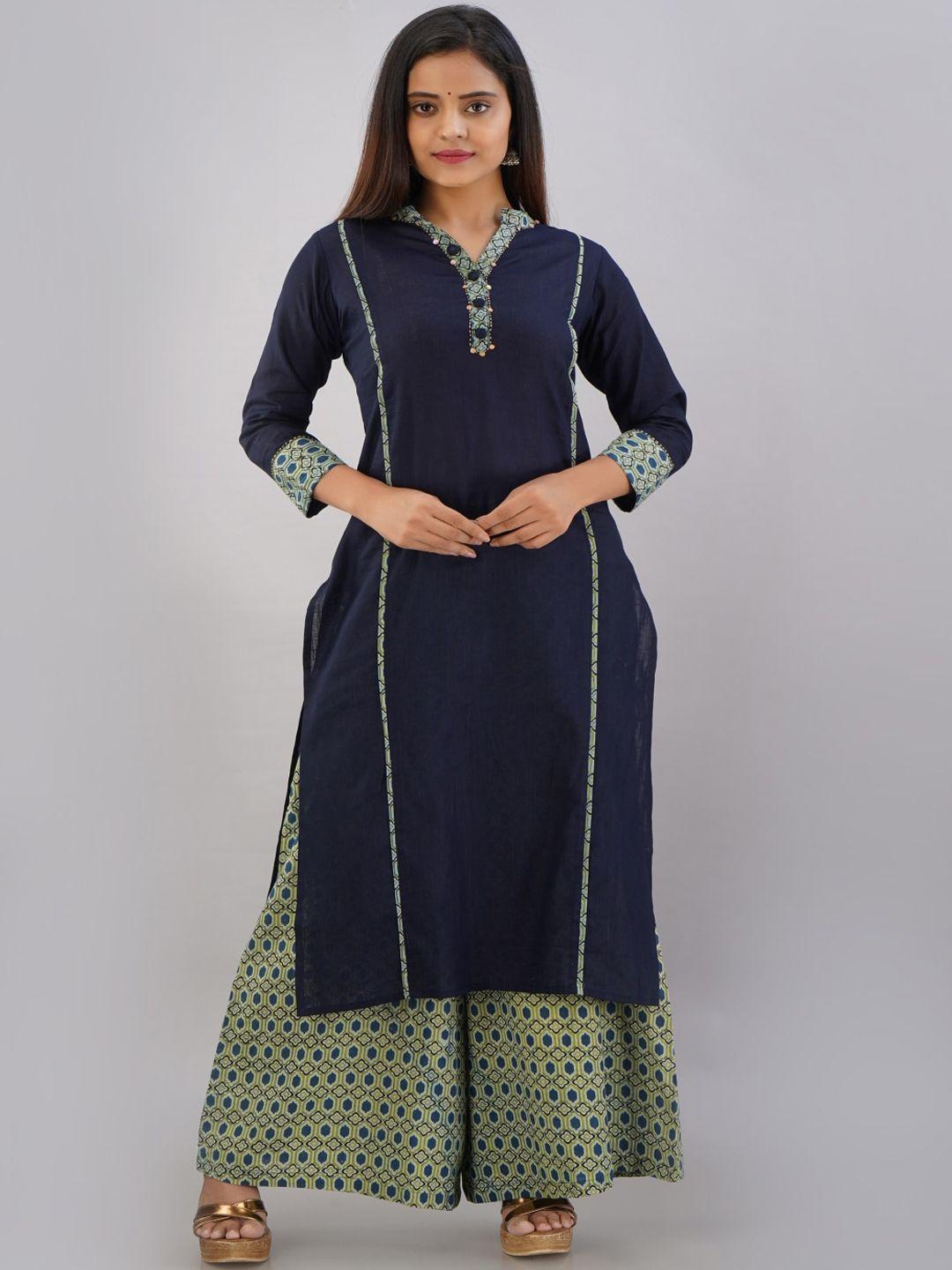 maishi women blue panelled pure cotton kurta with palazzos
