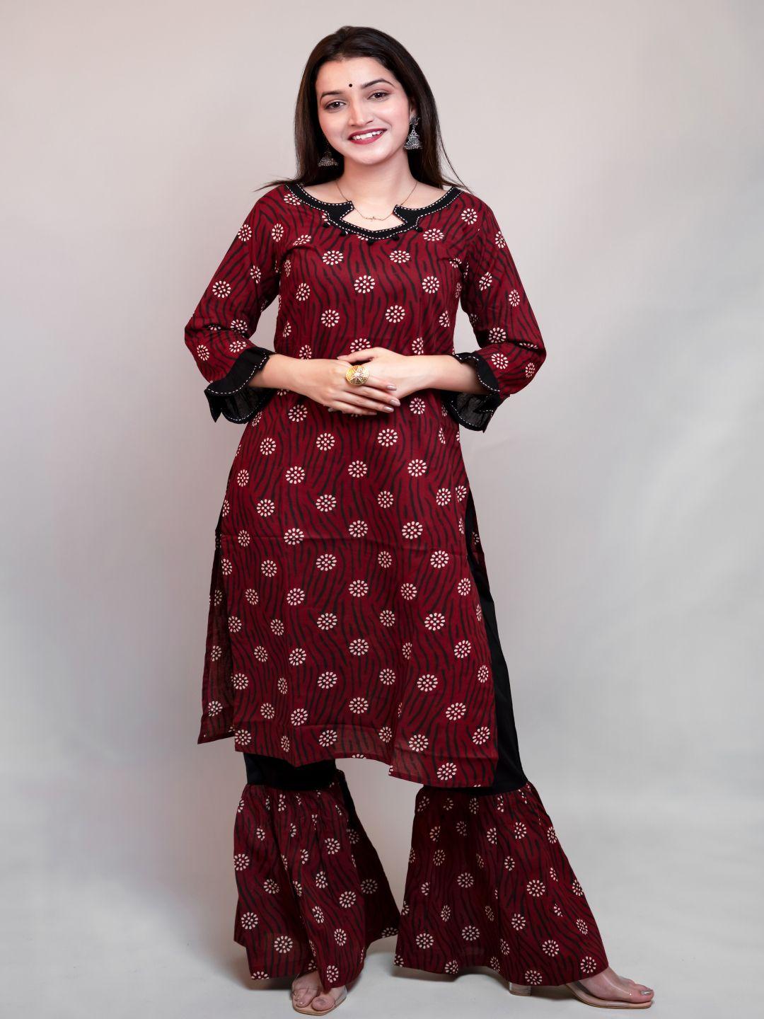 maishi women maroon printed pure cotton kurta with sharara