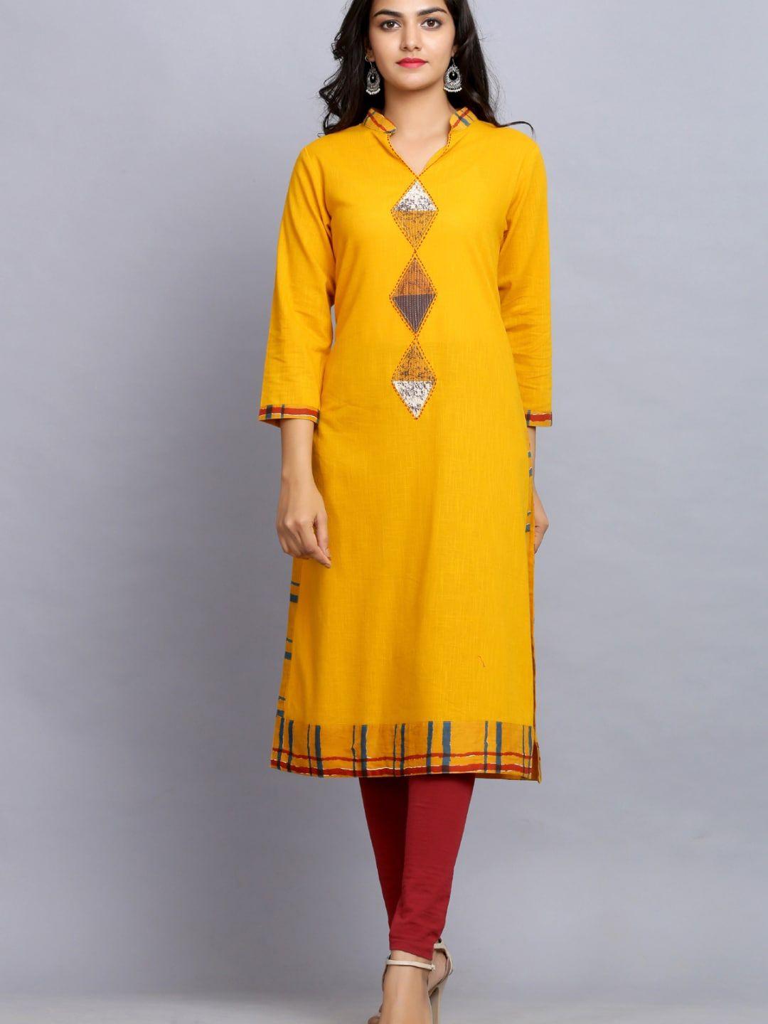 maishi women mustard yellow geometric embroidered cotton kurta