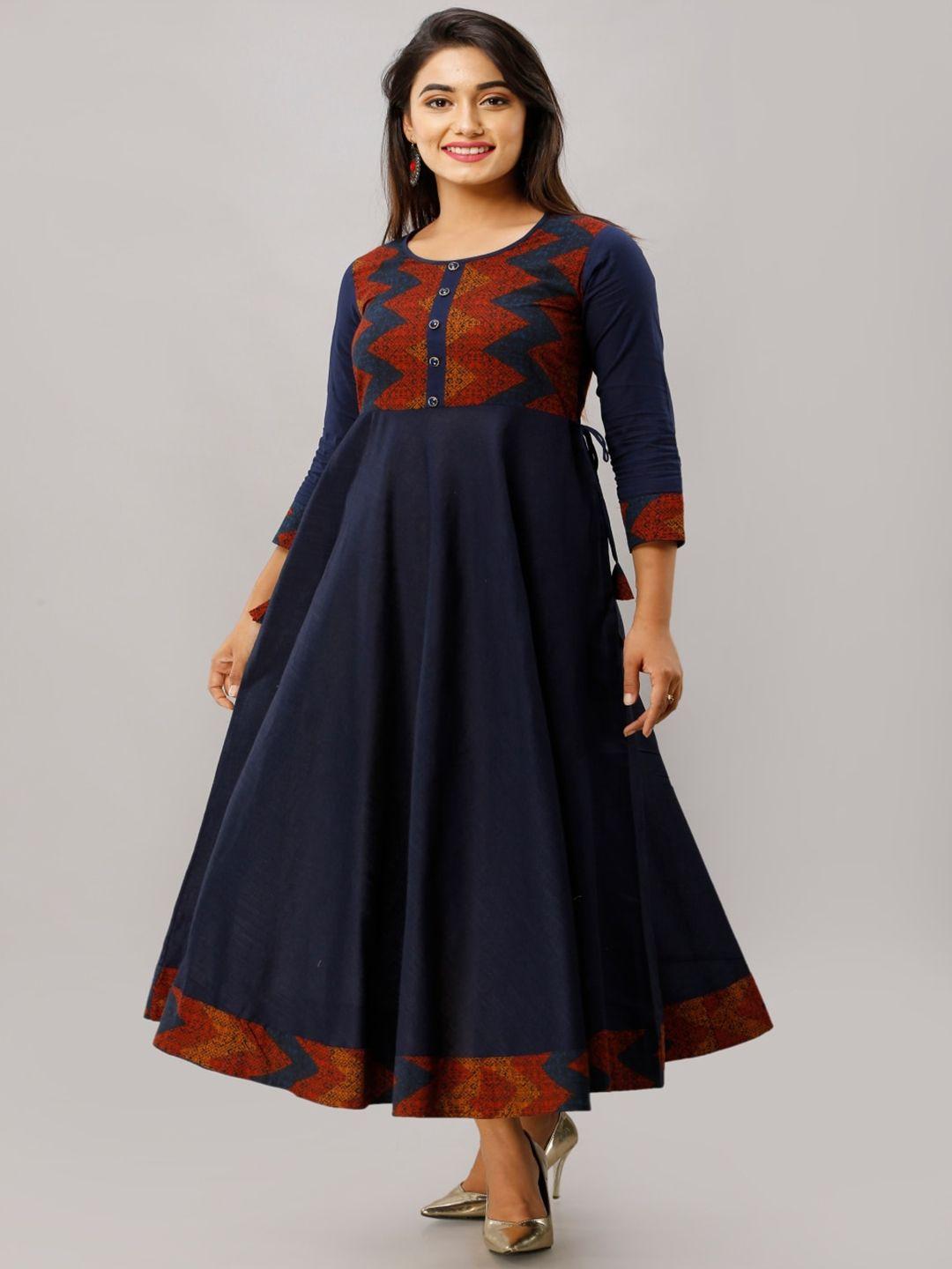maishi women navy blue & red geometric printed cotton anarkali kurta