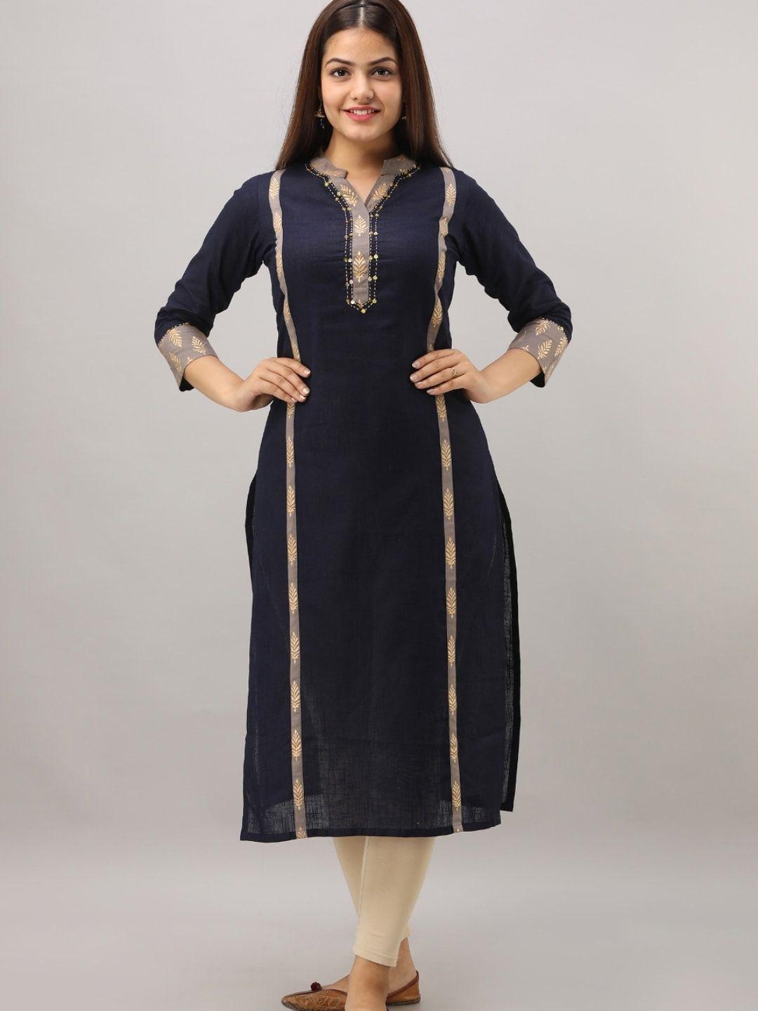 maishi women navy blue yoke design straight kurta