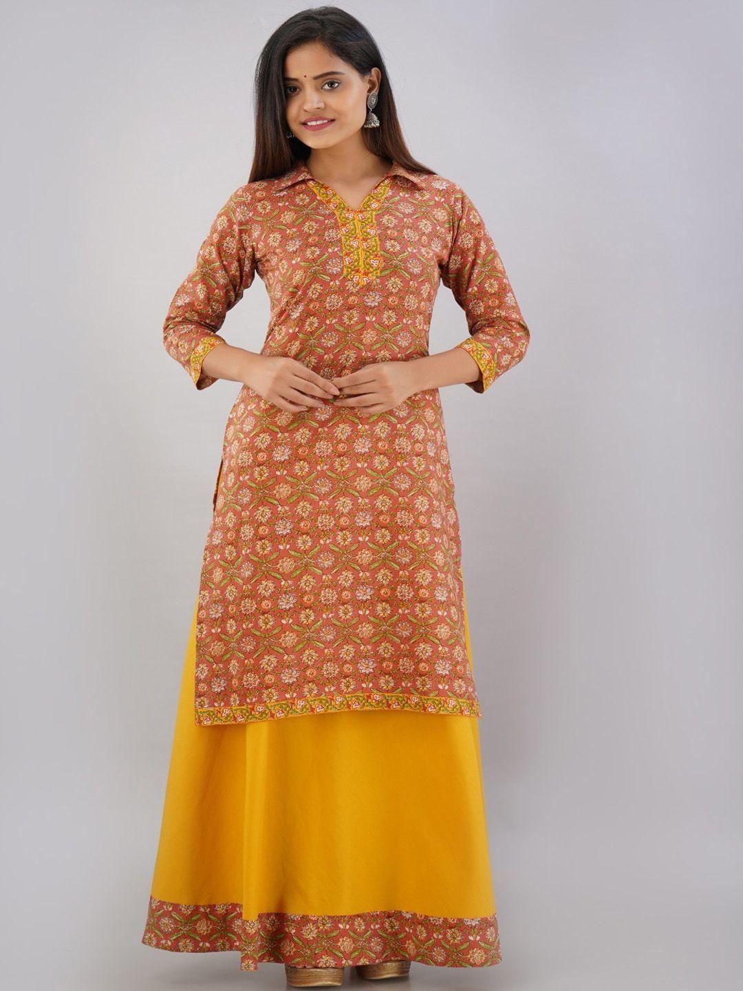 maishi women orange printed high slit pure cotton kurta with skirt
