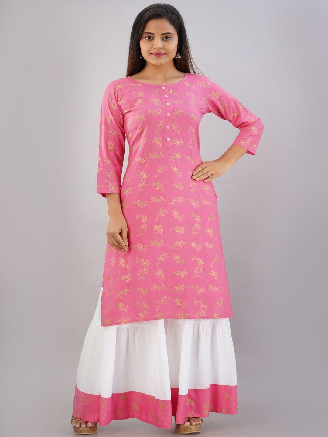 maishi women pink embroidered panelled kurti with skirt