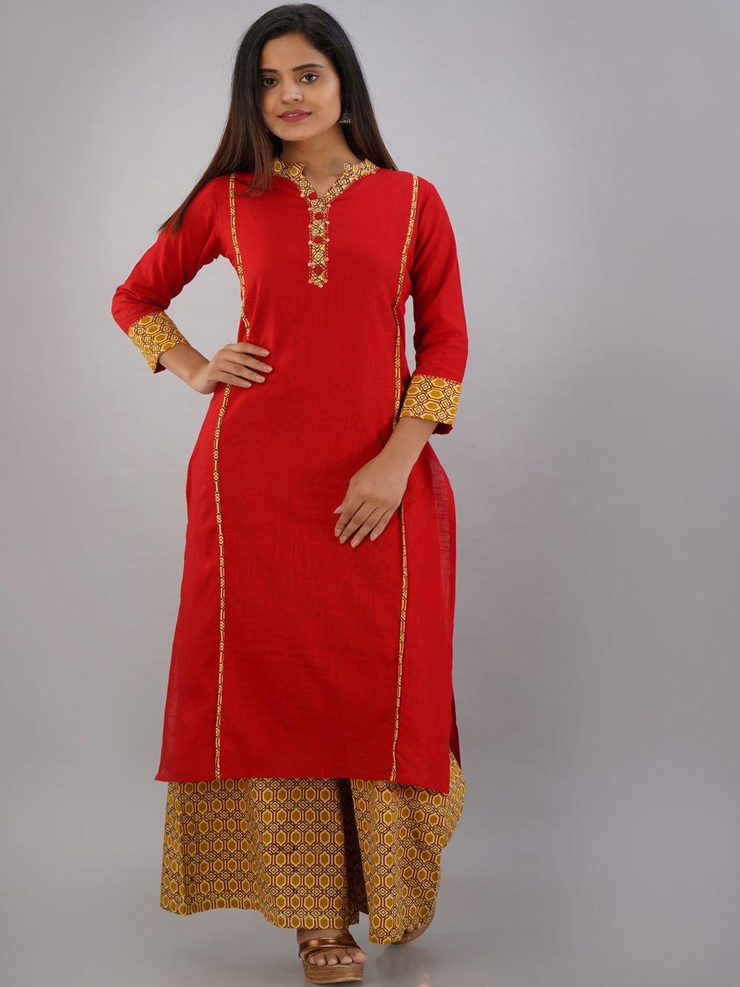 maishi women red ethnic motifs printed panelled pure cotton kurta with palazzos