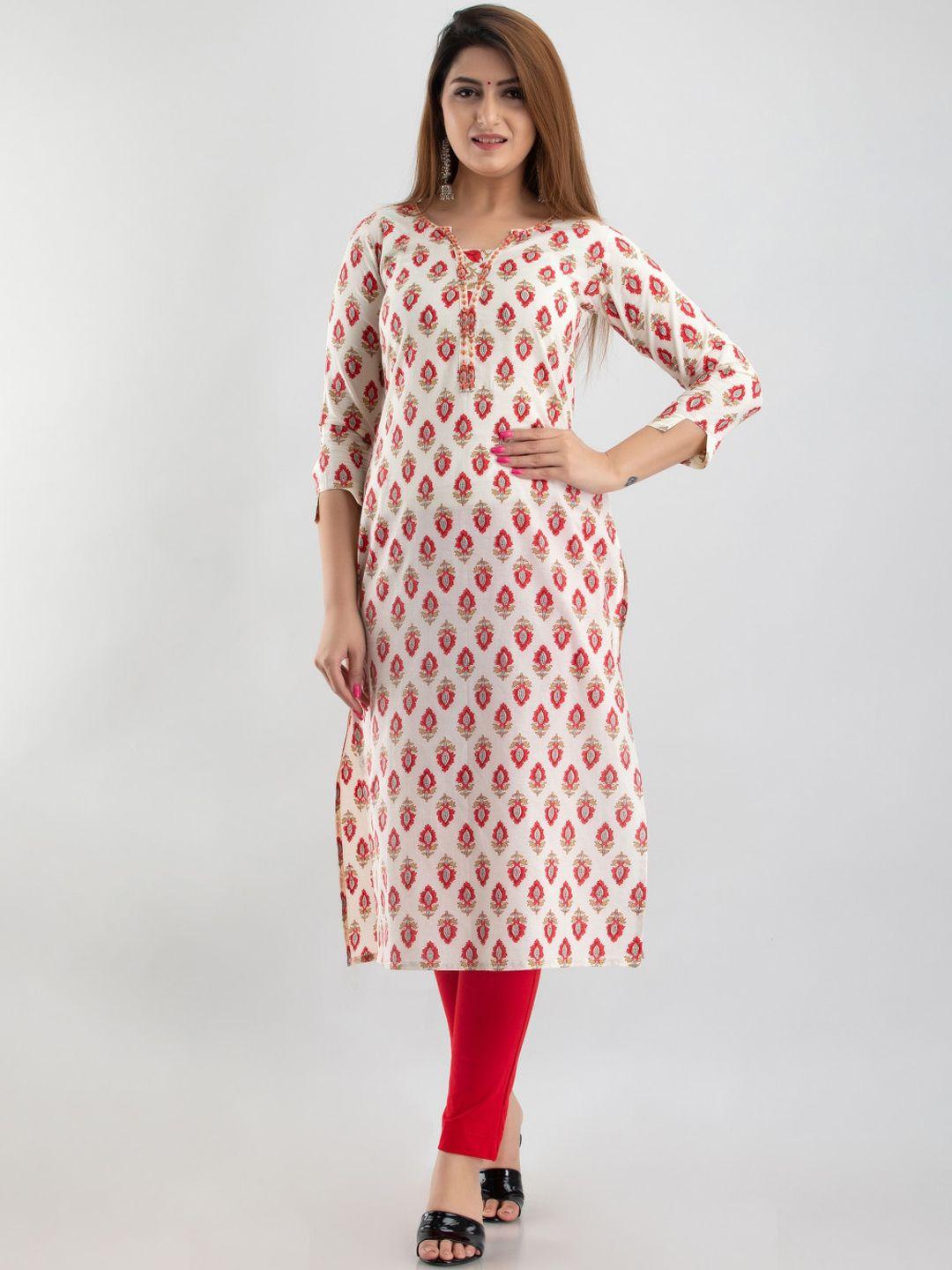maishi women white & red ethnic motifs printed cotton kurta