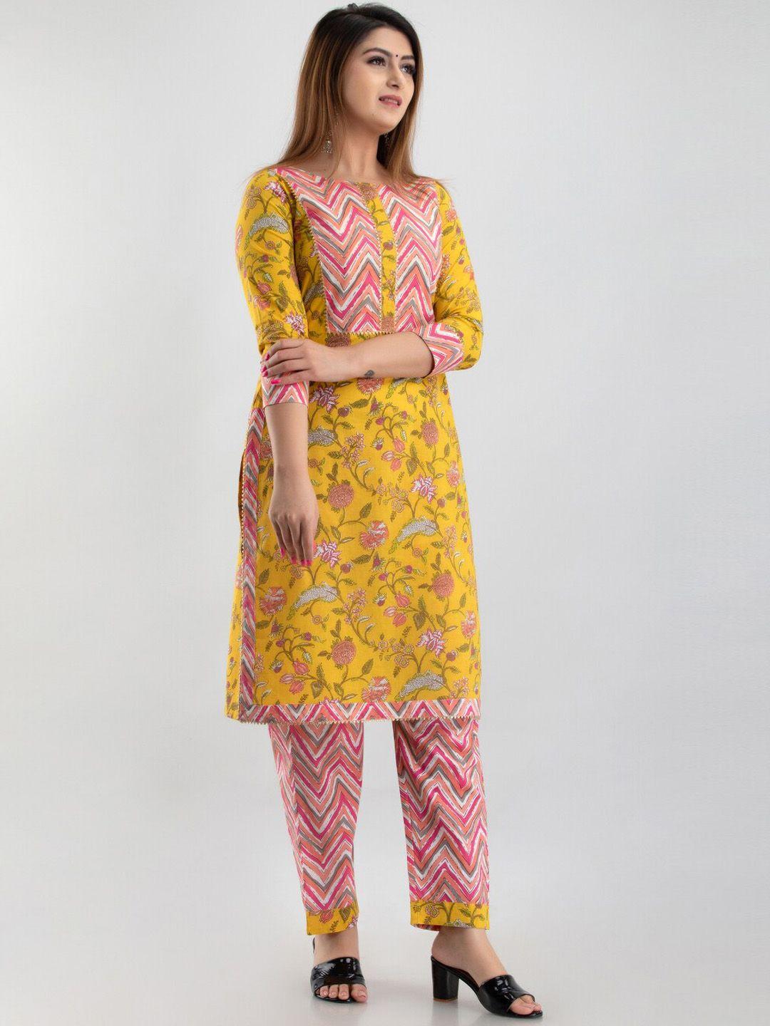 maishi women yellow & peach-coloured floral printed pure cotton kurta with trousers
