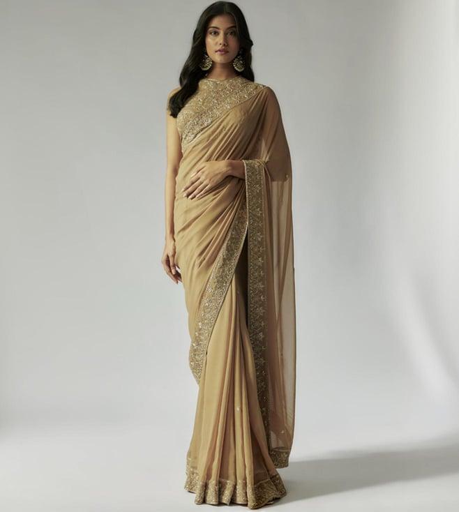 maisolos antique gold georgette embroidered saree and blouse