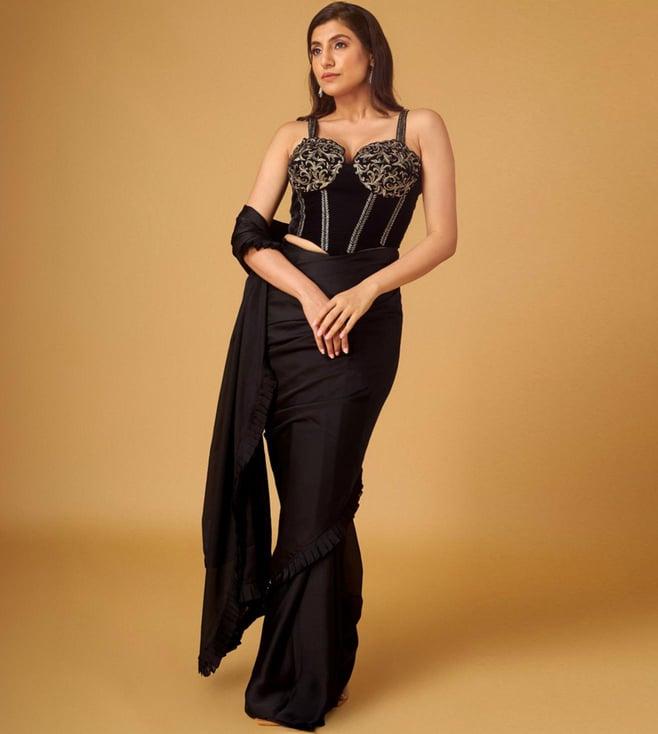 maisolos black satin georgette pre-stitched saree with embroidered corset