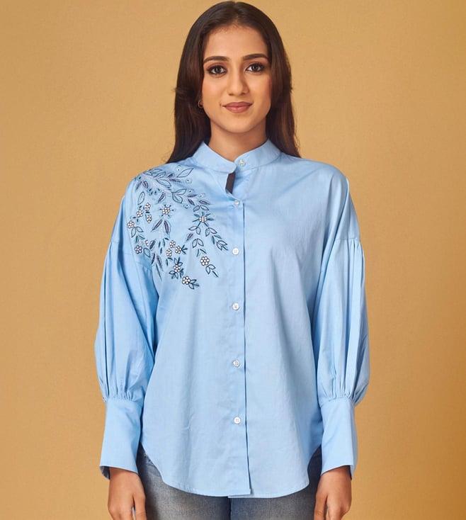 maisolos blue cotton embroidered shirt