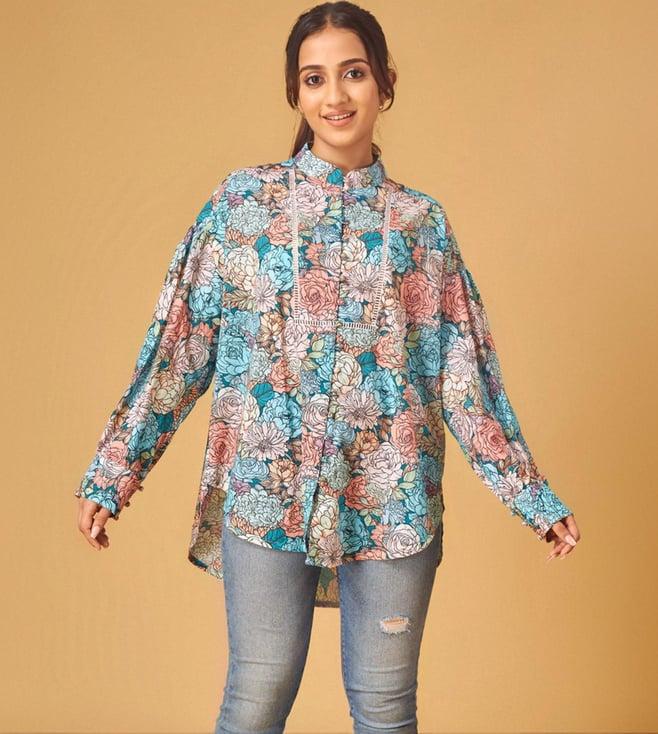 maisolos blue cotton print shirt with potli buttons